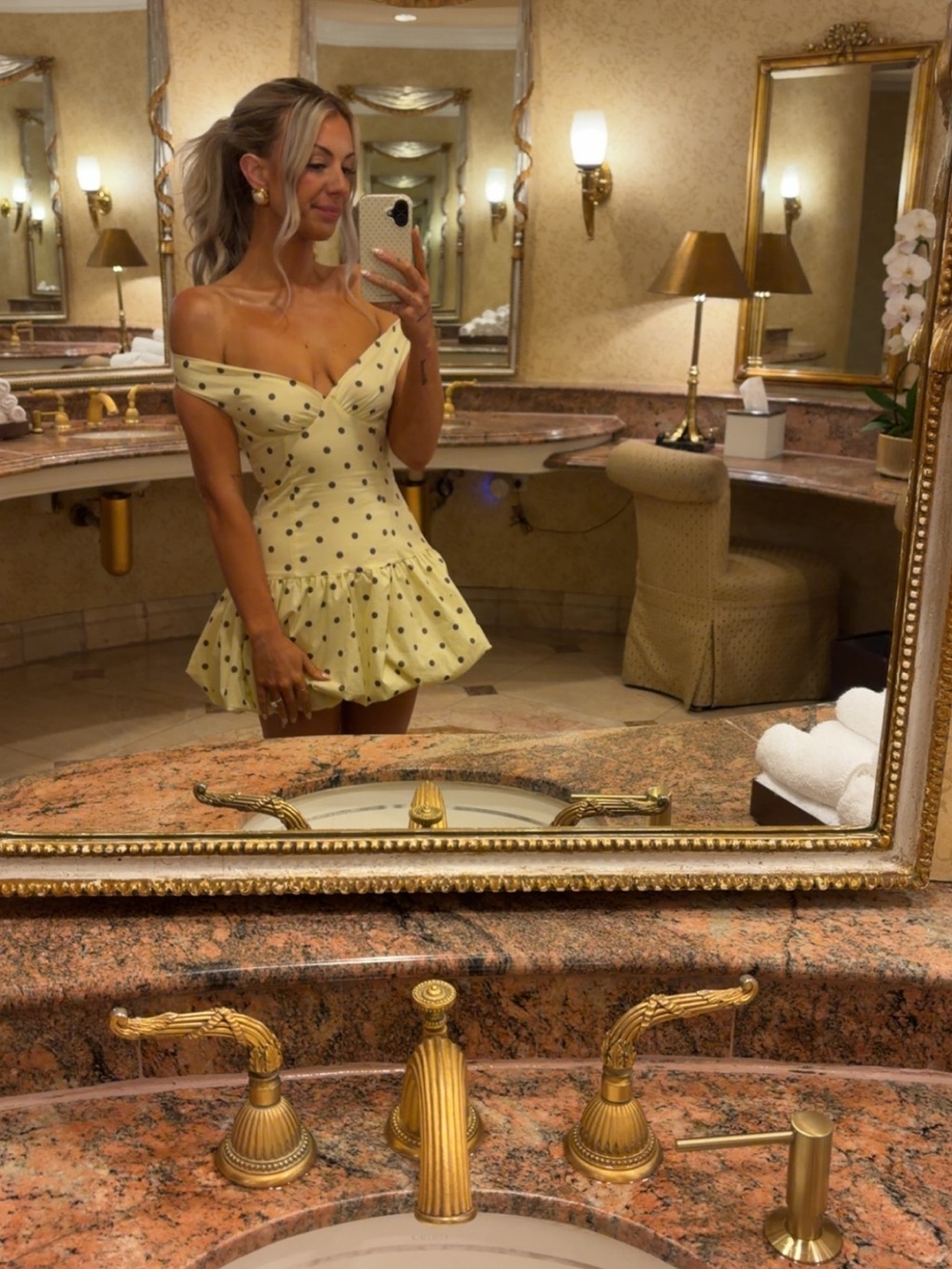 Peppermayo Yellow Polka Dot Off-Shoulder Mini Dress
